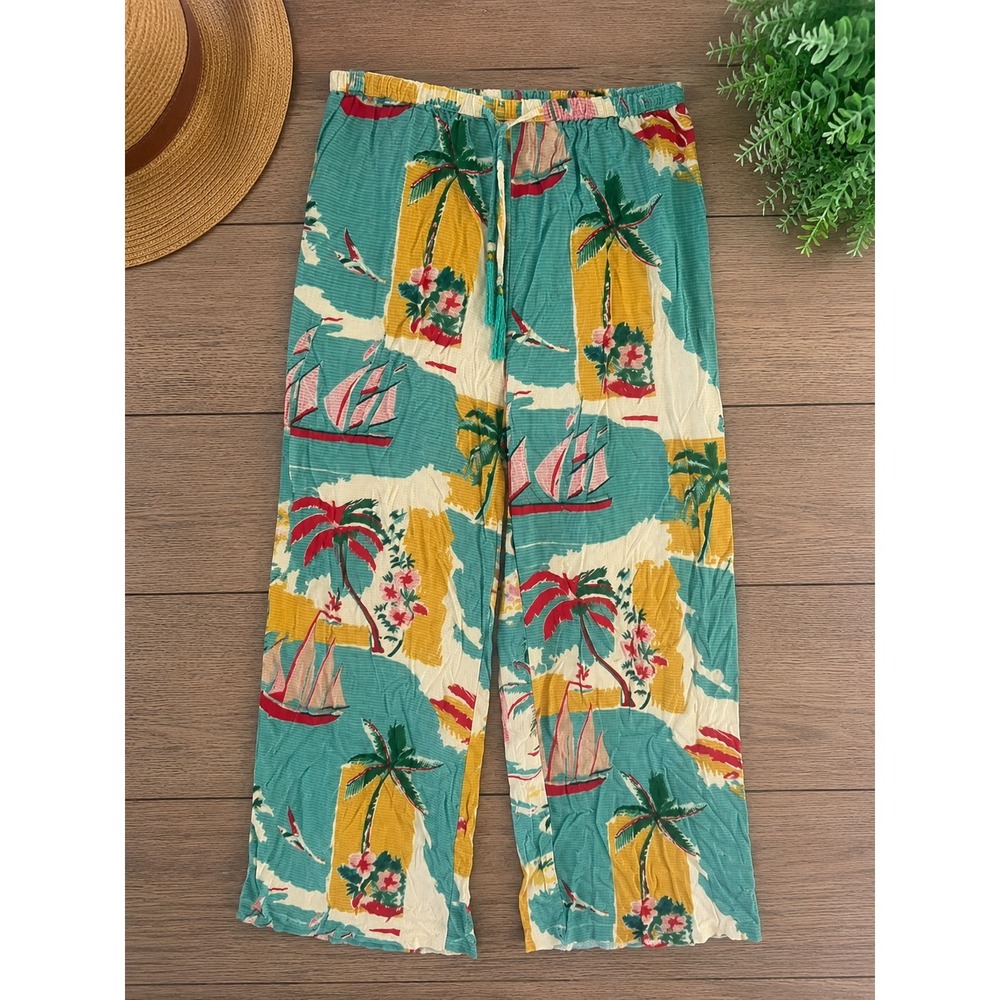 True Destinations Tropical Palm Tree Sailboat Print Drawstring Tassel Pants M